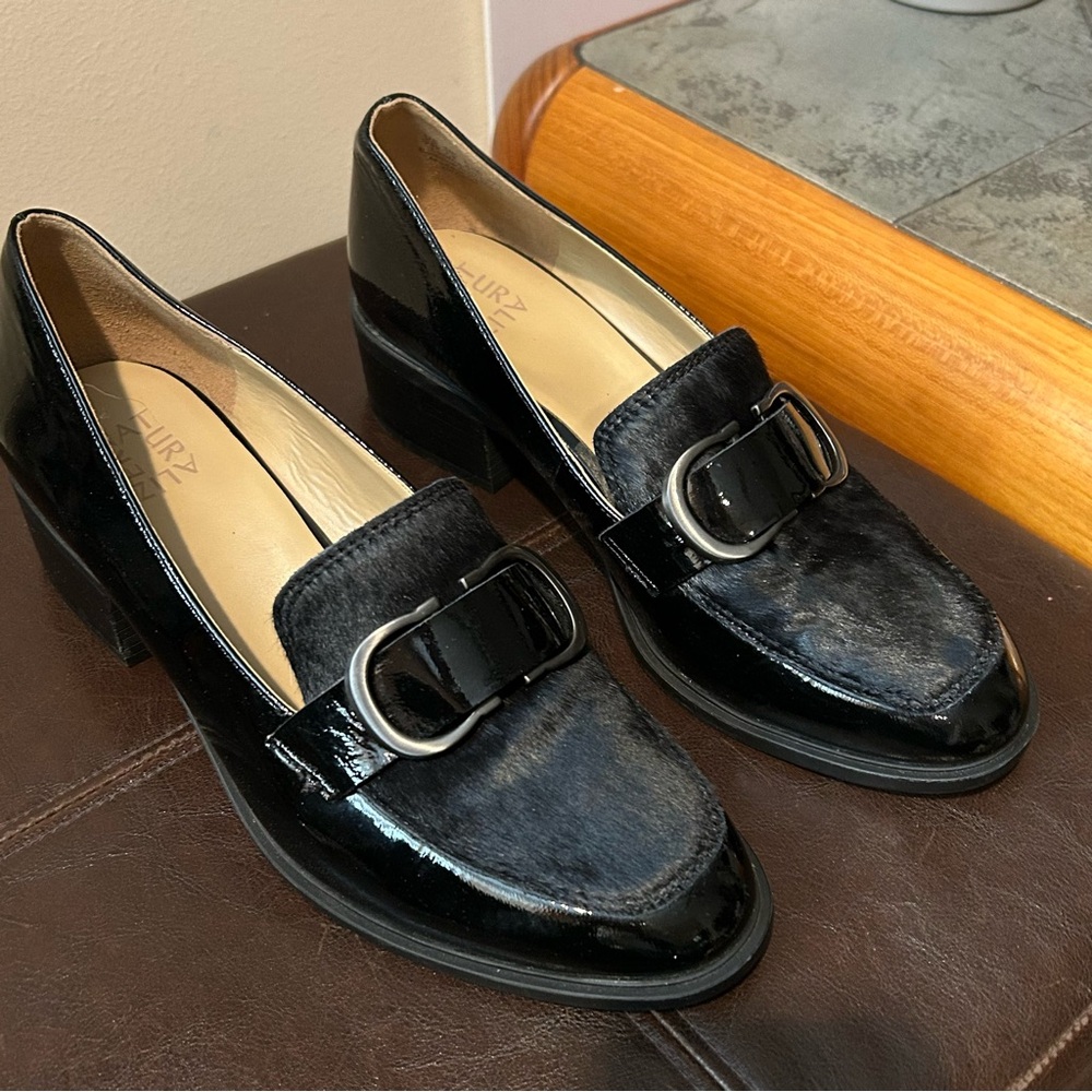 Naturalizer Black Patent Leather & Haircalf Buckle Loafers 10.5